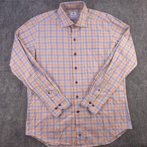 David Donahue Shirt Large Orange Blue Plaid Long Sleeve Button Up Cotton